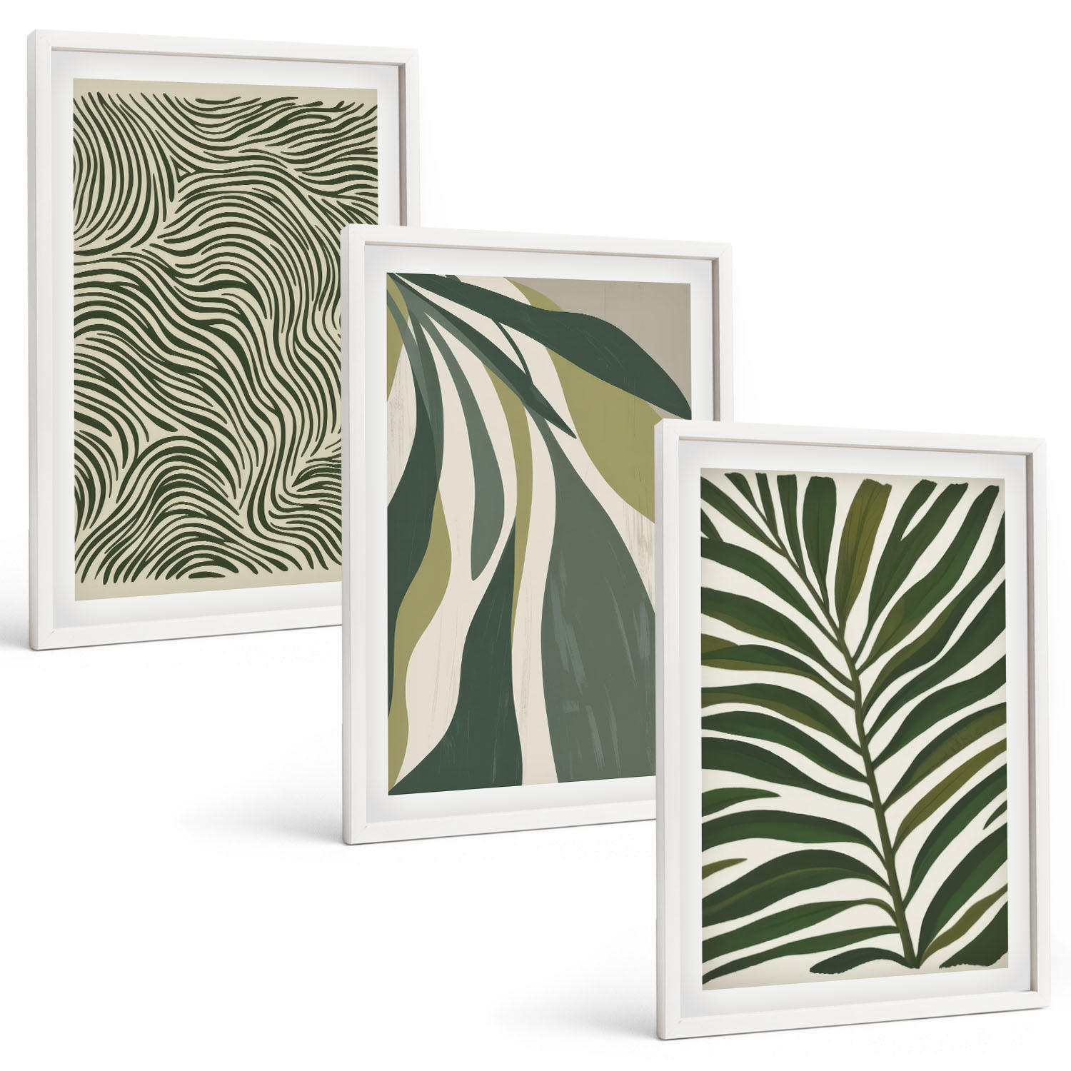 BILDER SET 3er Set - 40x60 cm Weißer Rahmen - Blätter mit wellenförmigen grünen Linien - Weiß, Kunststoff (40/60cm) - TULUP