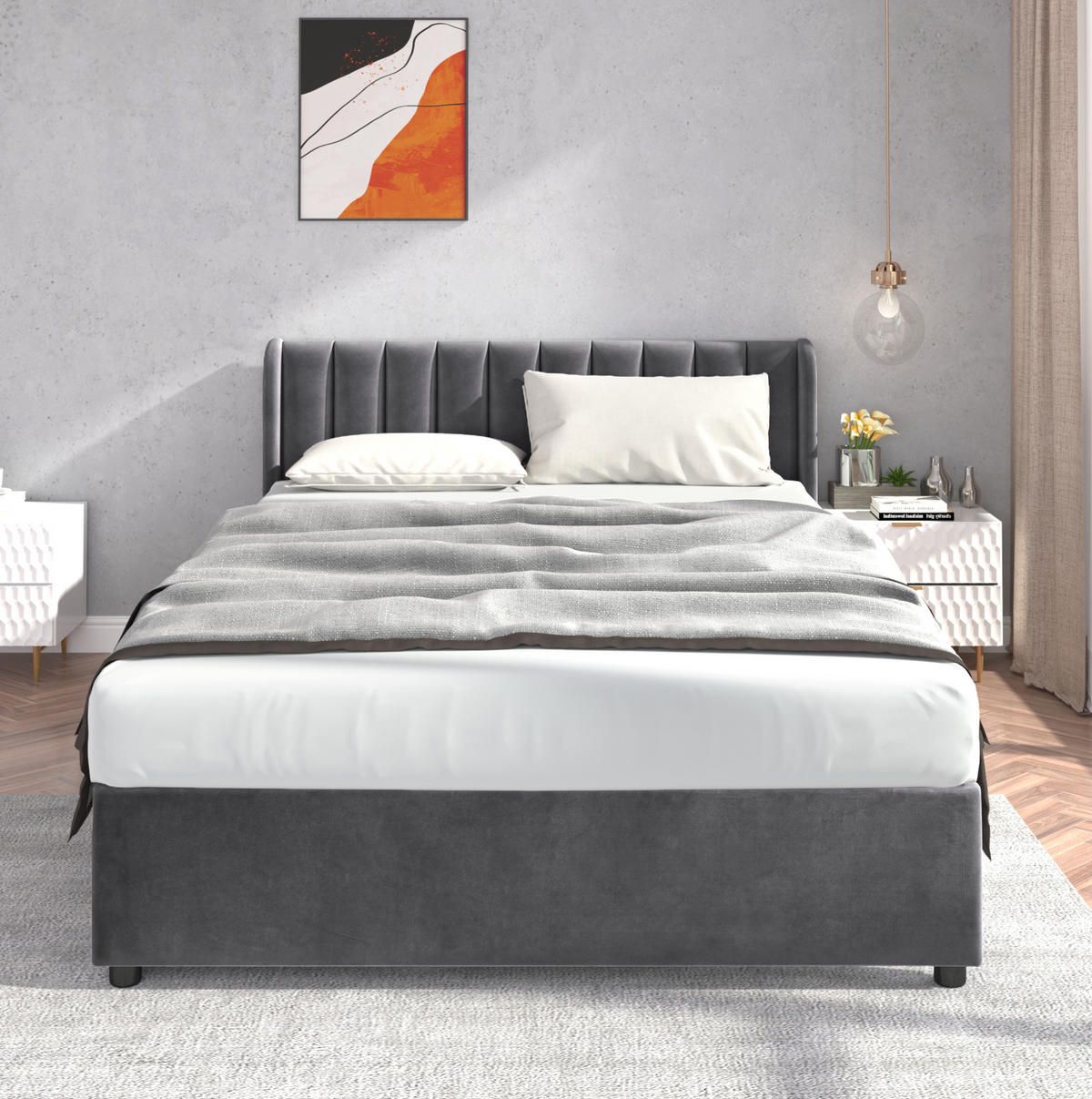 POLSTERBETT mit 2 Schubladen 140x200 cm Samt Grau - Grau, Holzwerkstoff (140/200cm) - Beauniv