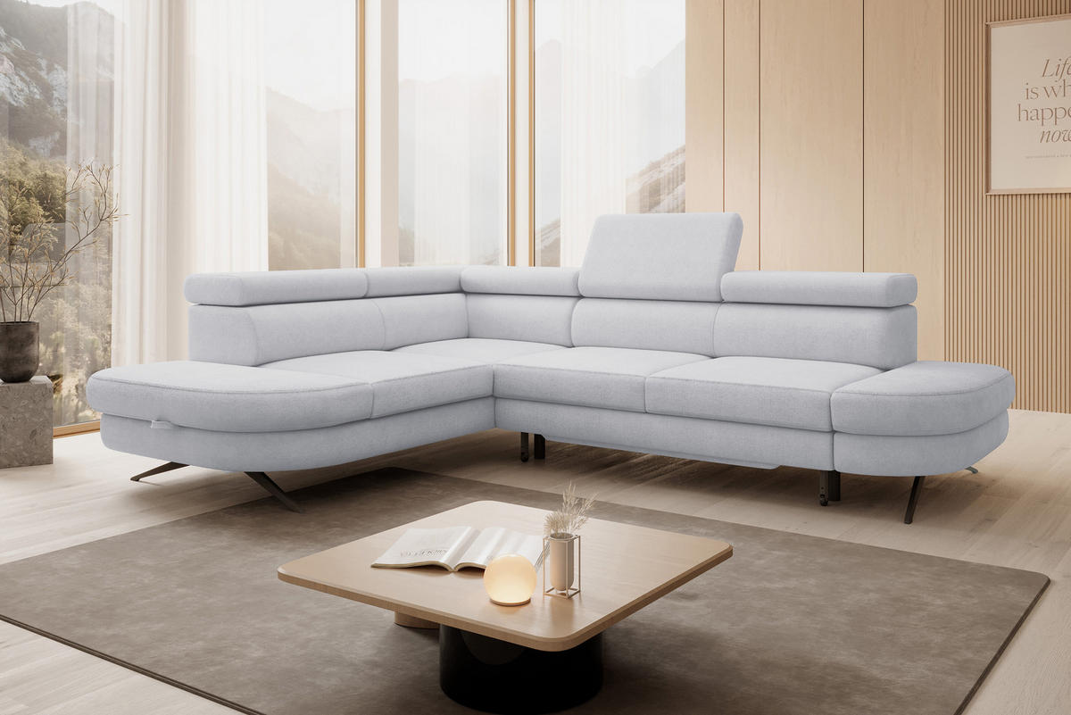 ECKSOFA OTIS L-förm, Schlaffunktion, verstellbare Kopfstützen, in AURORA-Stoff, lose Rückenkissen, freistehend, LINKS 218x276x97 cm Stainless colour - Edelstahlfarben, Holz/Textil (218/276cm) - DomoHome
