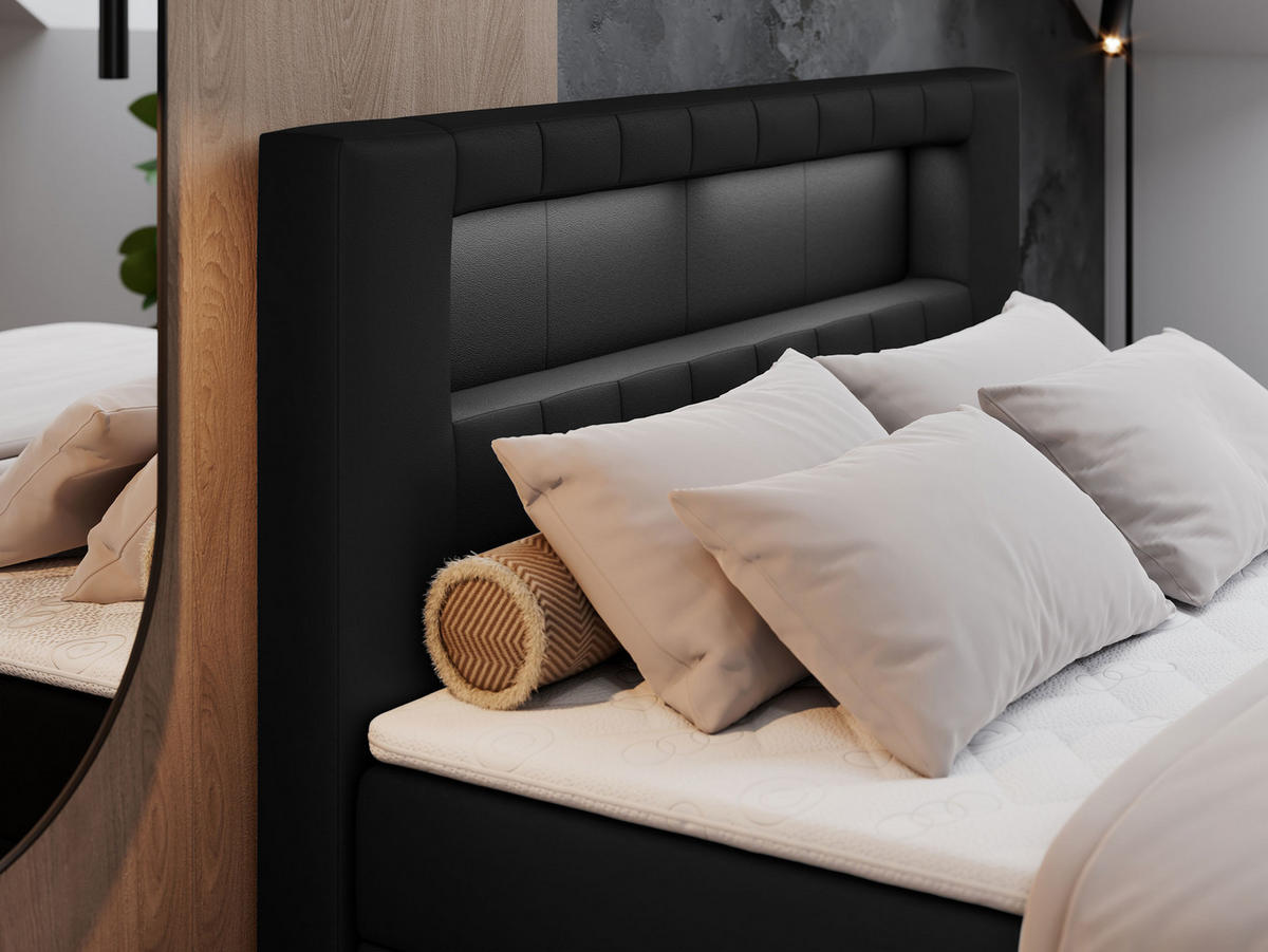 BOXBETT GOLD-5 LED 160/200 Schwarz Kunstleder - H3 - Schwarz, Holz/Textil (160/200cm) - MKS