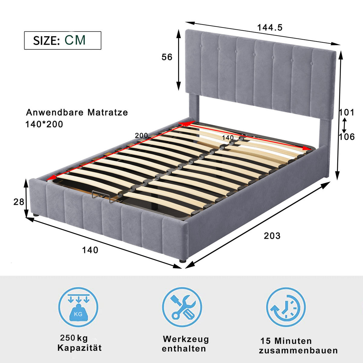 ČALÚNENÁ posteľ z MDF, kovu a zamatu 203x140x106 cm sivá s hydraulickým úložným priestorom a lamelovým roštom - sivá, textil (140/200cm) - Modfu