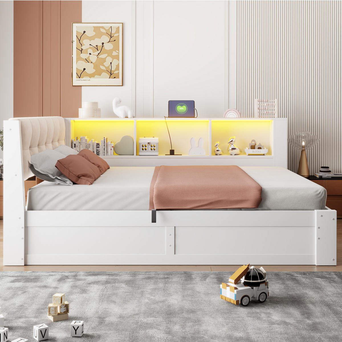 BETT 140/200 cm in Weiß mit Bettkasten, Regal und USB aus Kiefernholz und MDF - Beige/Weiß, Holzwerkstoff/Textil (140/200cm) - STILVORA
