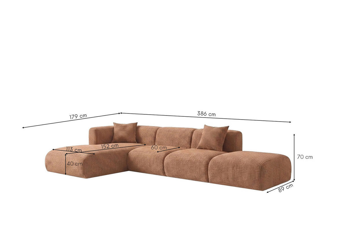 ECKSOFA L-Form mit Hocker, Chenille-Stoff Cremona, Hellbraun, Links, GRETA - Hellbraun, Holz (386/179cm) - Kaiser Möbel
