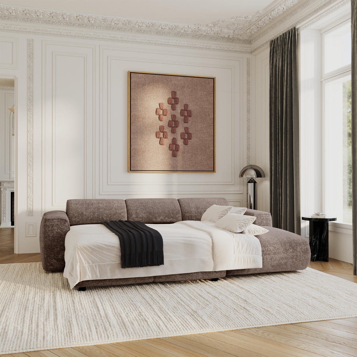 ECKSCHLAFSOFA Geprägter Samt Taupe 283cm - Taupe, Textil (283/180cm) - Sia Home