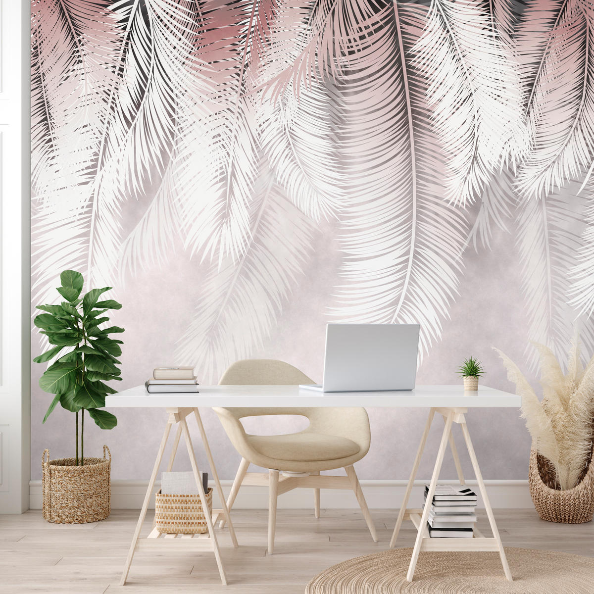 FOTOTAPETE für Esszimmer Große Palmenblätter Boho Beige 250x175 - Violett/Rosa, Papier (250/175cm) - Muralo