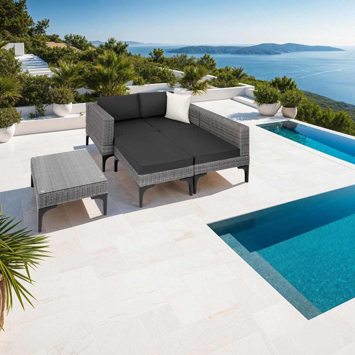 RATTANLOUNGE Konstanza,mit Sicherheitsglasplatte,grau - Grau, Metall - tectake