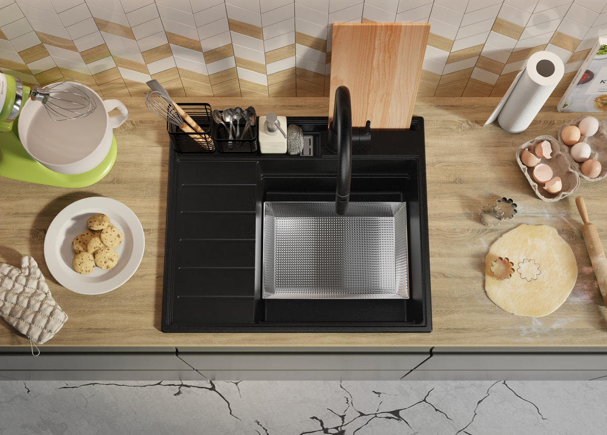 GRANITSPÜLE Sydney Pocket, 2-er set Schwarz 62/53 cm 1 Becken + Küchenarmatur 32/20 cm + Ablauf-Set + Küchenzubehörset ab 45er Unterschrank - Chromfarben/Beige, Kunststoff (62/20/53cm) - Primagran