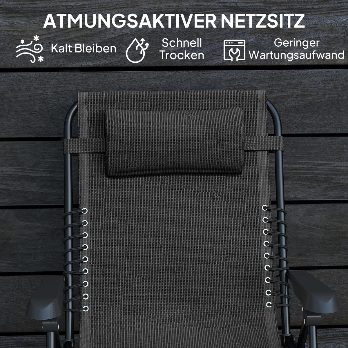 SONNENLIEGE klappbar Gartenliege mit Kopfkissen, Liegestuhl Campingliege Schwarz - Schwarz, Metall (65/112/90cm) - Outsunny