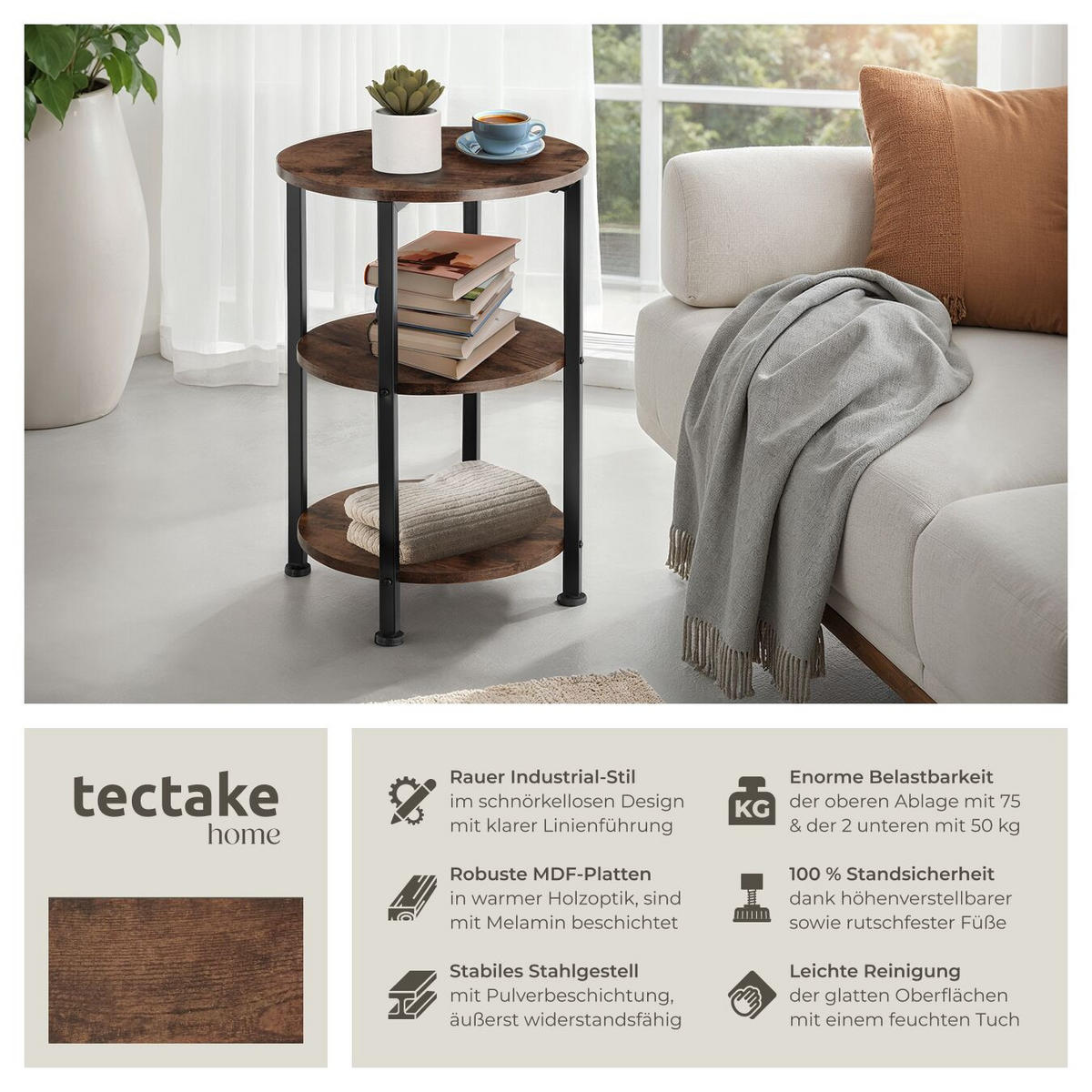 BEISTELLTISCH Colchester,40 x 61 cm,Industrial Holz dunkel, rustikal - Rostfarben, Holz (40/40/61cm) - tectake