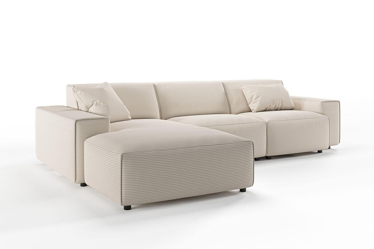 ECKSOFA RANI Cremeweiß Cord - Creme/Schwarz, Kunststoff/Textil (299/189cm) - KAWOLA