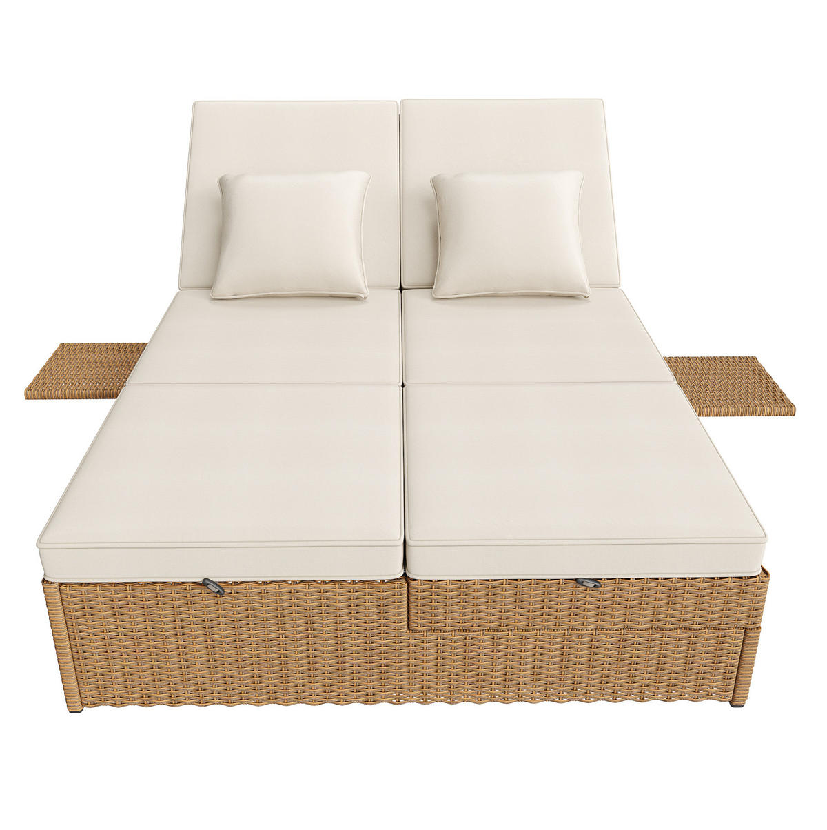 GARTENLIEGE aus Metall, PE-Rattan und Polyester 199x120x37 cm Weiß mit verstellbaren Rückenlehnen, Kissen und Beistelltisch - Weiß, Kunststoff (120/37/199cm) - Modfu