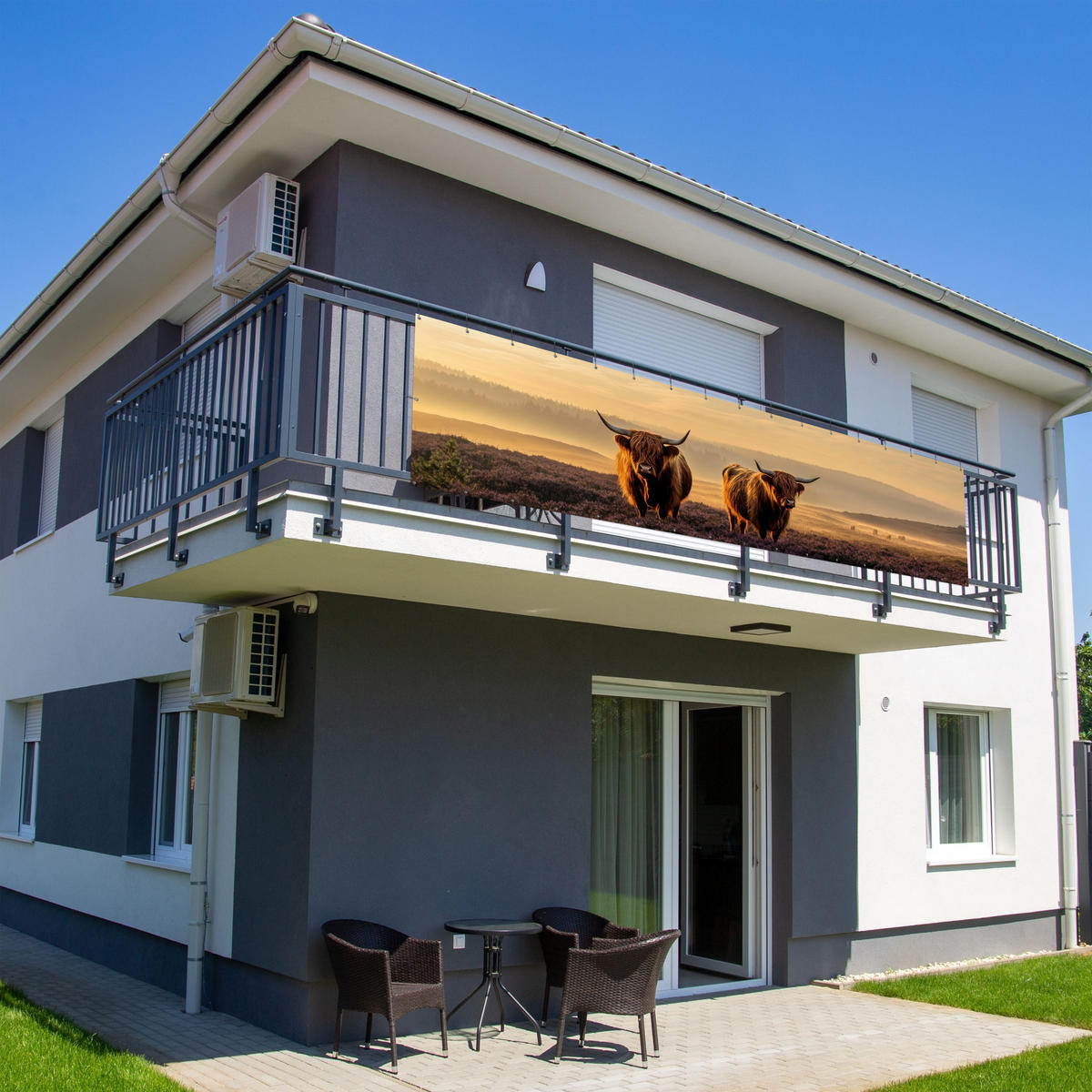 BALKON-SICHTSCHUTZ Schottische Hochlandbewohner - Heide - Landschaft - Tiere - Cognac, Kunststoff (500/120cm) - MuchoWow