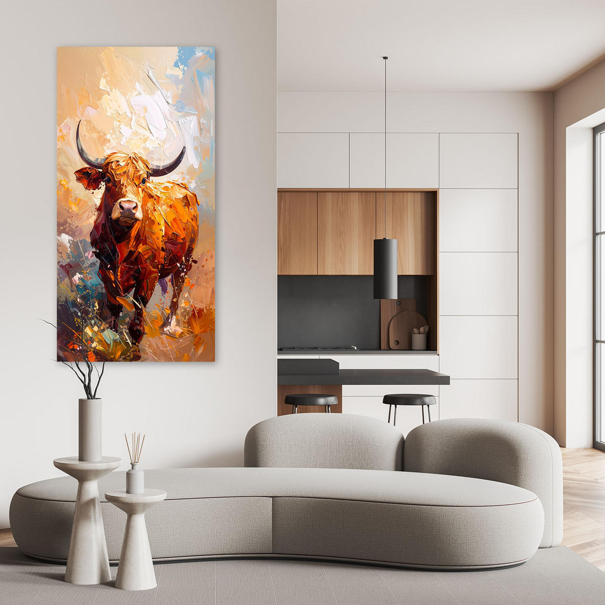 LEINWANDBILD Bulle Kuh Tiere Natur 60x120cm - Beige, Textil (60/120cm) - Feeby