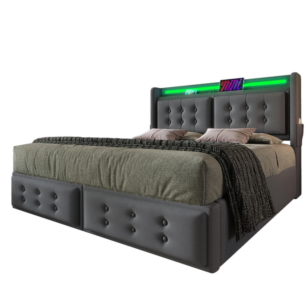 ČALOUNĚNÁ postel 160/200 cm šedá z bavlněno-lněné látky s LED a zásuvkami - šedá, textil (160/200cm) - BEAOK