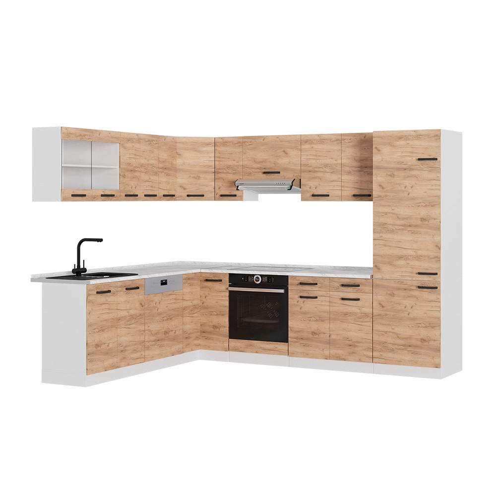 KOTNA KUHINJA R-Line, Zlati hrast z močjo/Bela, 287 x 227 cm DP Marmor - bela/medeni hrast, leseni material (287/206.8/60cm) - Vicco