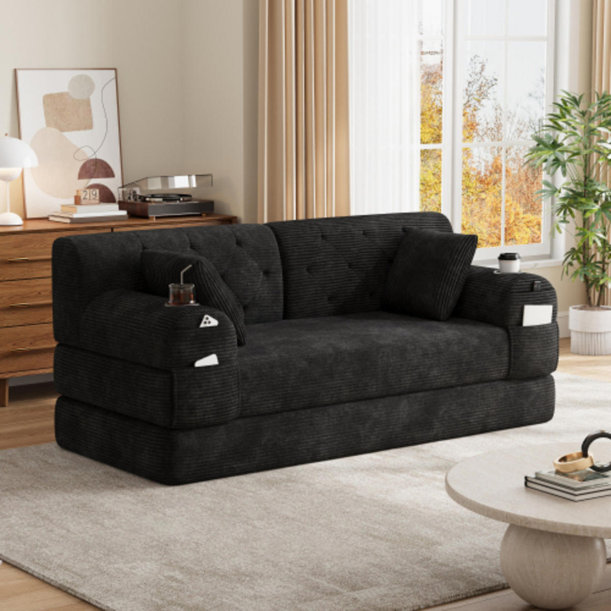 SCHLAFSOFA mit Metallrahmen schwarz 168×80×81 cm aus Cordstoff - Schwarz, Textil (80/81/168cm) - Luhomfu