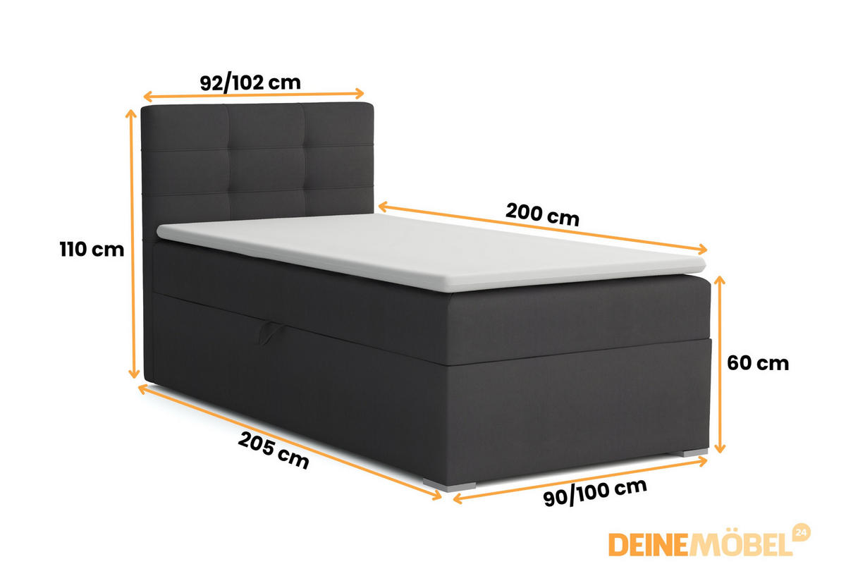 BOXBETT FLO 100/200 in Velours Anthrazit rechts H3 - Anthrazit, Holz/Holzwerkstoff (100/200cm) - Deine Möbel 24