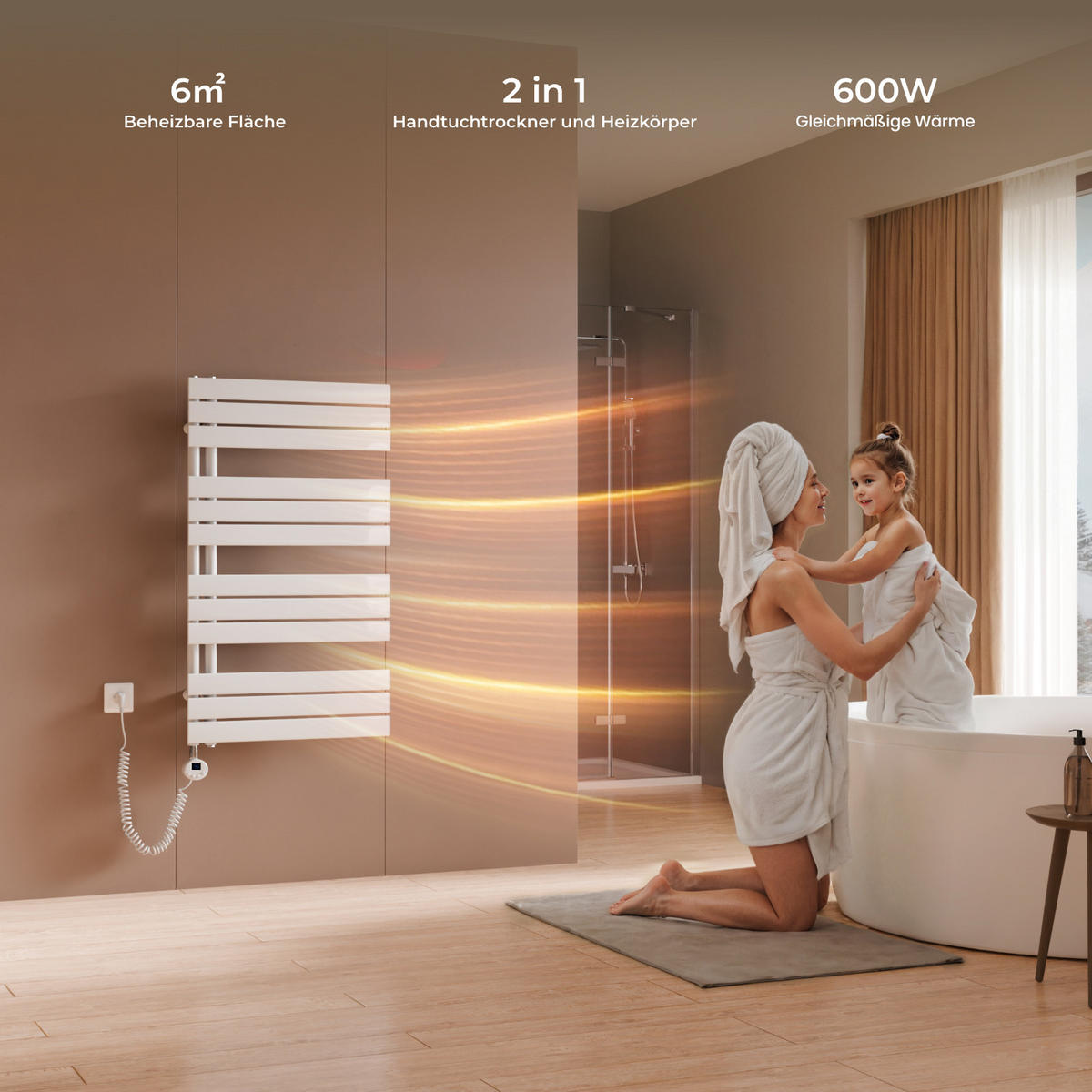 HANDTUCHHEIZKÖRPER 104,1/60 cm weiß elektrisch 600 W mit WLAN-Thermostat - Weiß, Metall (60/104/5.9cm) - S'AFIELINA