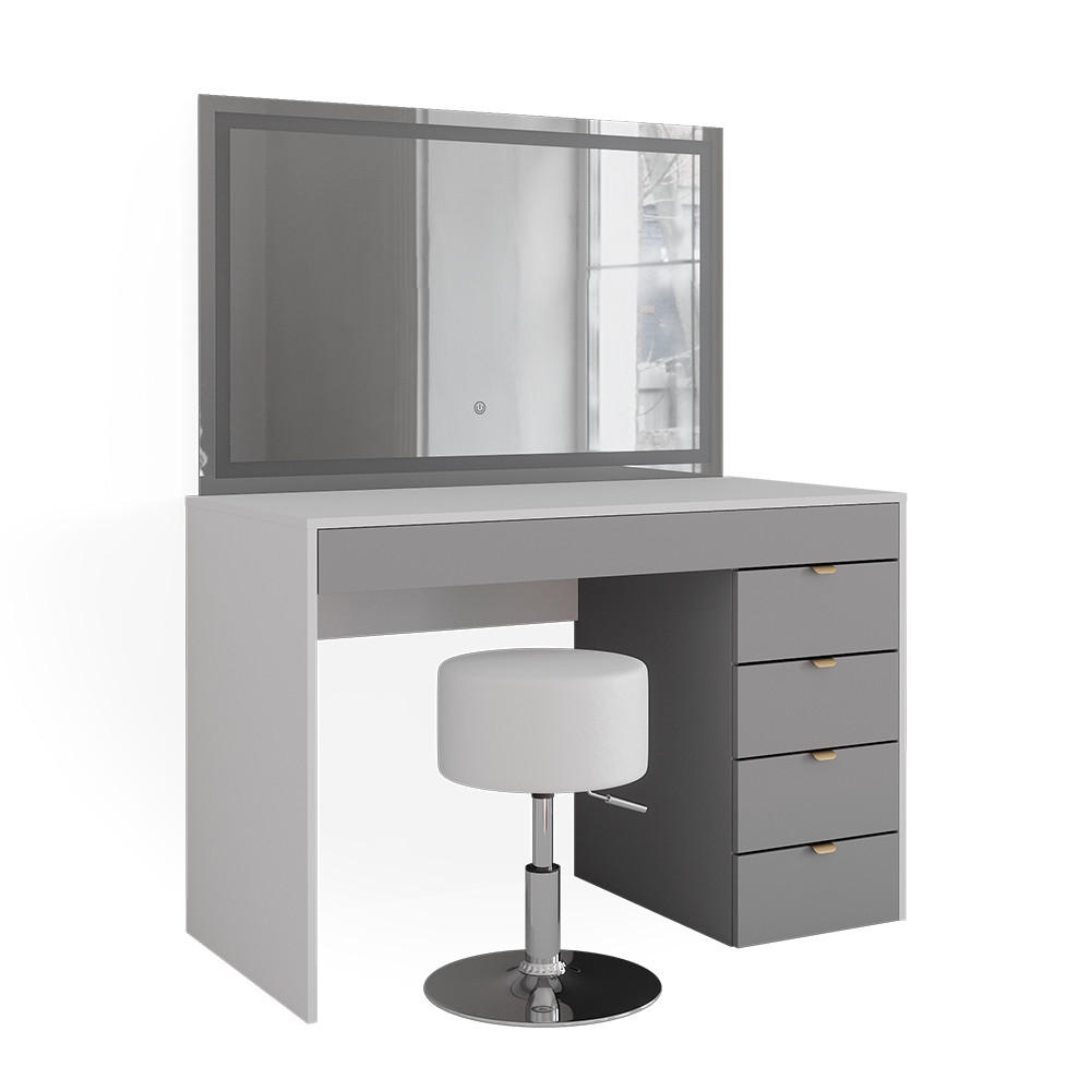 MASĂ DE TOALETĂ Elise Alb/gri/gri 115 cm cu oglinda LED si taburet