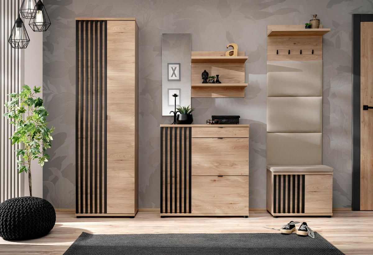 GARDEROBE Set 5-teilig Eiche Jackson, schwarz 250 cm, Garderobenkombination mit 3D-Lamellen - Eichefarben/Schwarz, Holzwerkstoff/Kunststoff (230/202/35cm) - Furn.Design