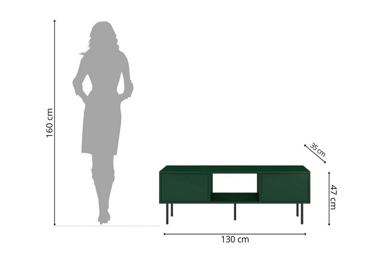LOWBOARD Mirka, Grün, Push to Open System, Minimalistisch - Dunkelgrün/Schwarz, Holzwerkstoff/Metall (130/47/35cm) - Dancan