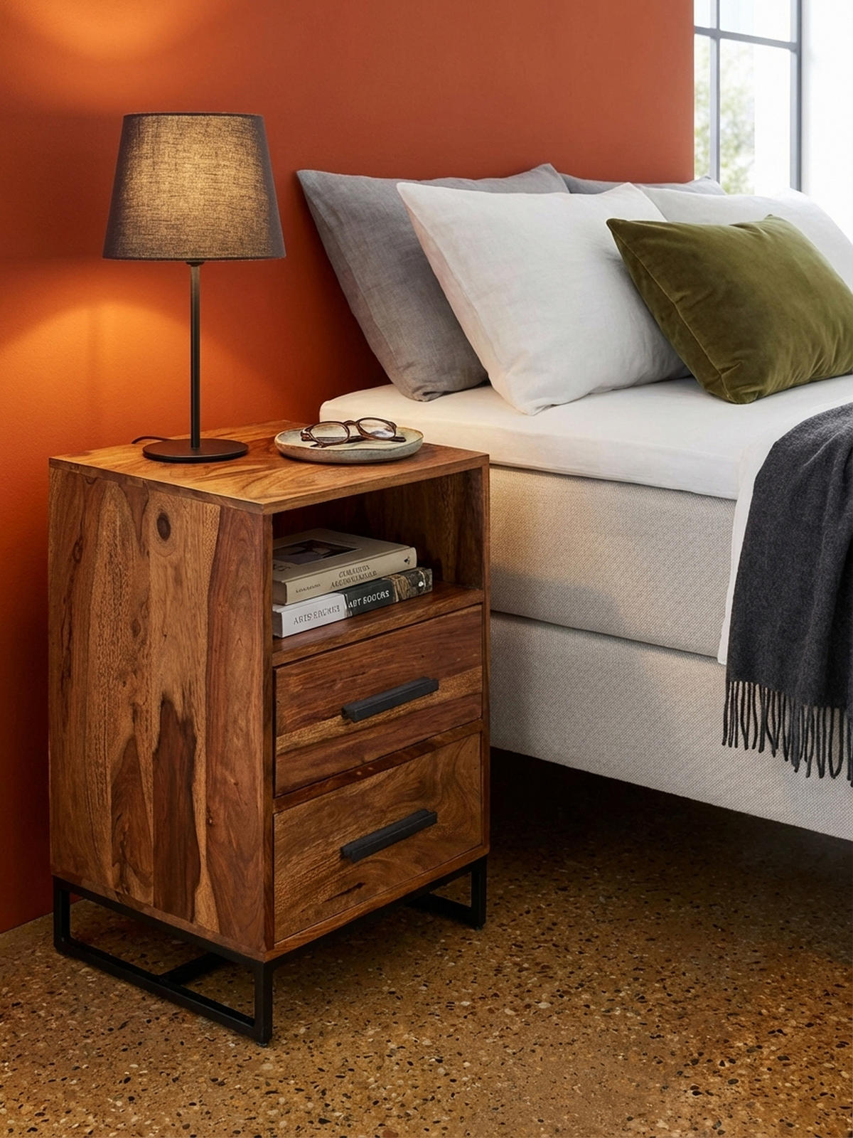 NACHTTISCH – Massivholz/Metall, Industrial-Stil, für Boxspringbett - Schwarz/Braun, Holz/Metall (40/66/35cm) - KADIMA DESIGN