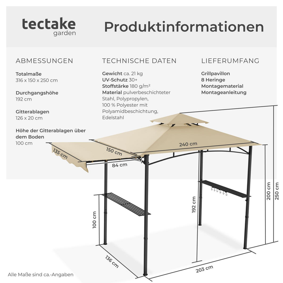 GRILLPAVILLON Maracaibo, 316 x 150 x 250 cm, Sand - Sandfarben, Kunststoff (150/250/316cm) - tectake