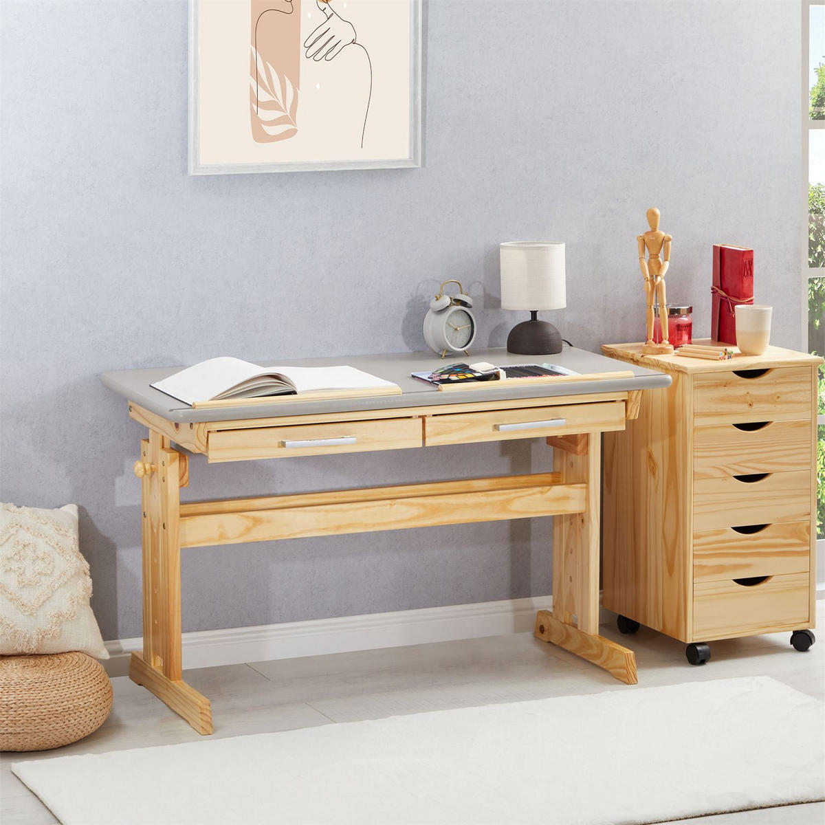 KINDERSCHREIBTISCH OLIVIA - Naturfarben/Grau, Holz (109/130/55cm) - IDIMEX
