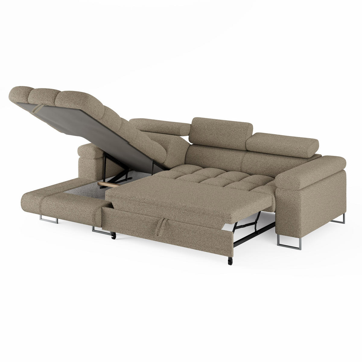 ECKSOFA CLOUD Links Dunkelbraun L-Form Bouclé-Stoff mit Schlaffunktion und Bettkasten - Chromfarben/Dunkelbraun, Holz/Metall (235/275cm) - Barchello