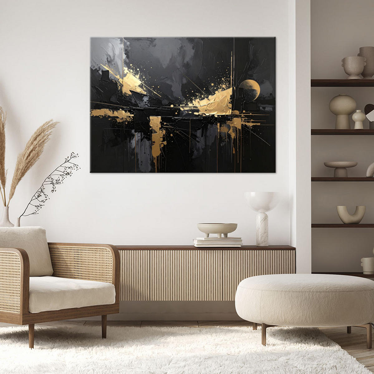 LEINWANDBILDER, Schwarze Abstraktion mit goldenen Reflektionen - Schwarz, Textil (120/80cm) - Feeby