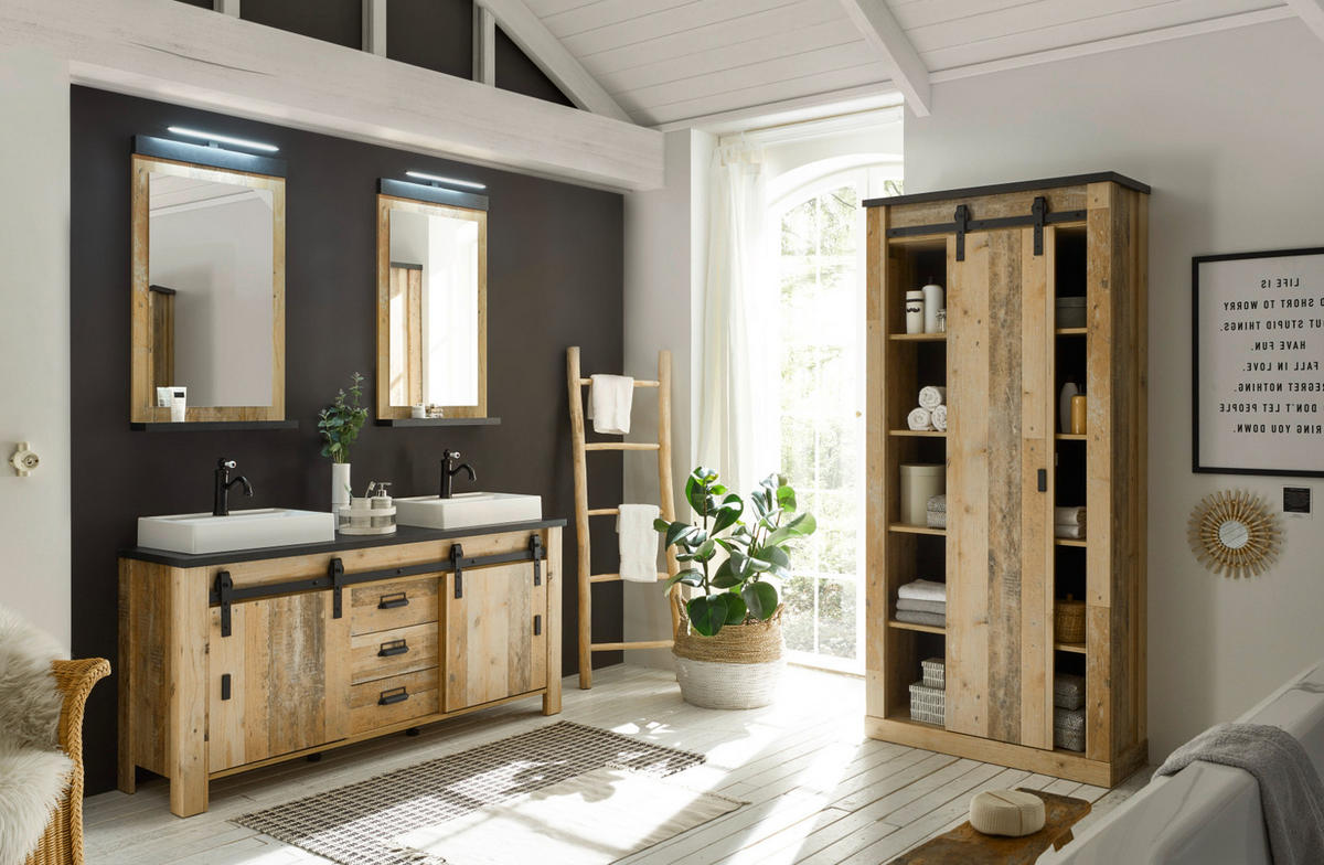 BADMÖBEL-SET Used Wood hell, anthrazit, Doppelwaschtisch mit Waschbecken LED Spiegellampe Stove - Eichefarben/Anthrazit, Holzwerkstoff/Metall (277/210/43cm) - Furn.Design