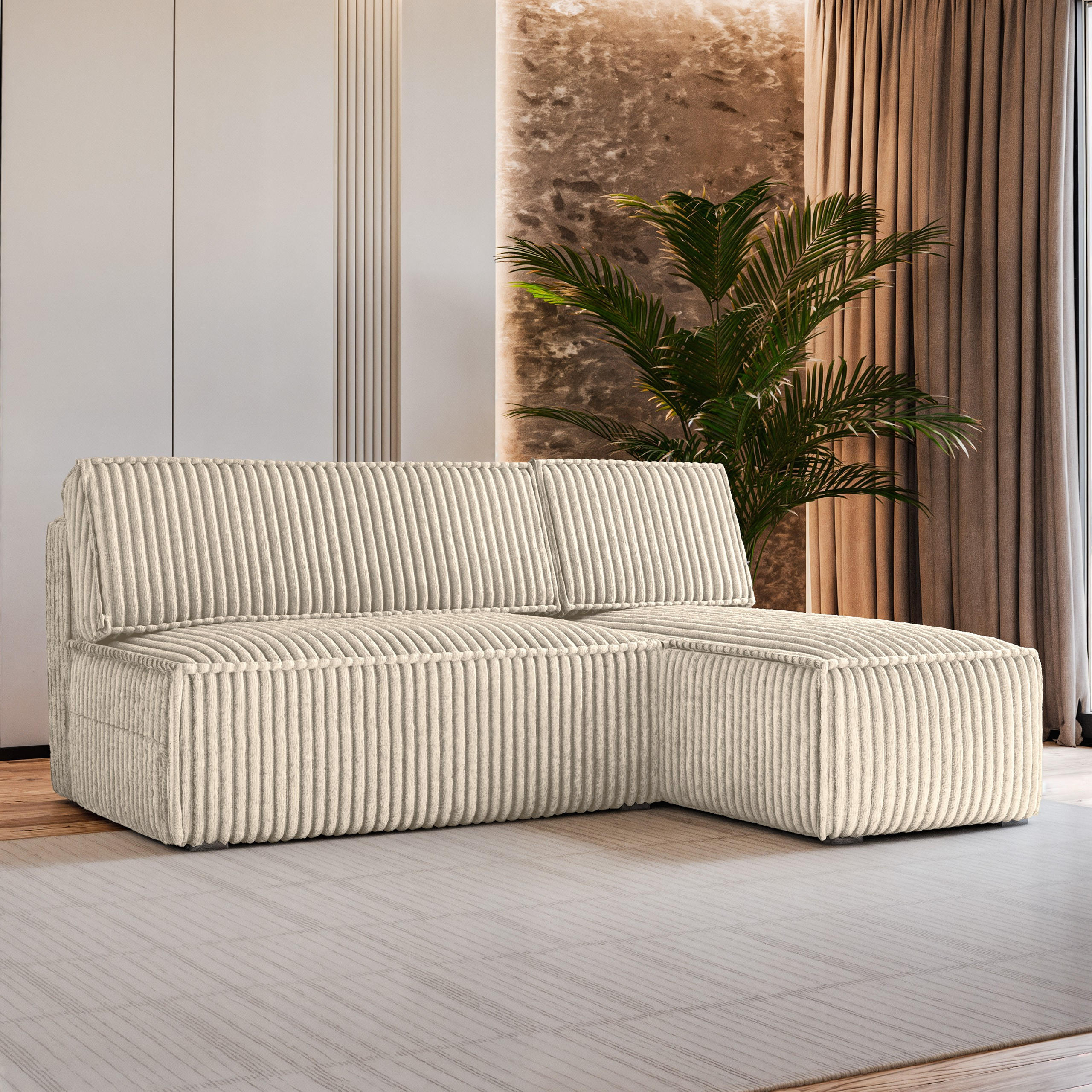 ECKSOFA BRISO T Creme Kordstoff mit Schlaffunktion - Creme, Holz (200/140cm) - MASSENO