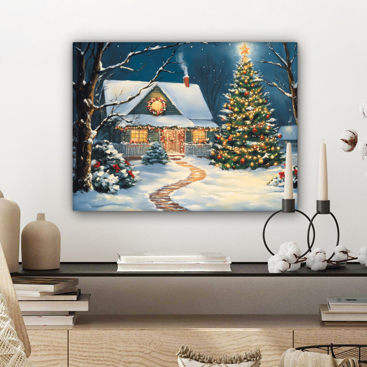 LEINWANDBILD Weihnachten - Weihnachtsbaum - Winter - Zuhause - Schnee 40x30 cm - Smaragdgrün, Textil (40/30cm) - MuchoWow