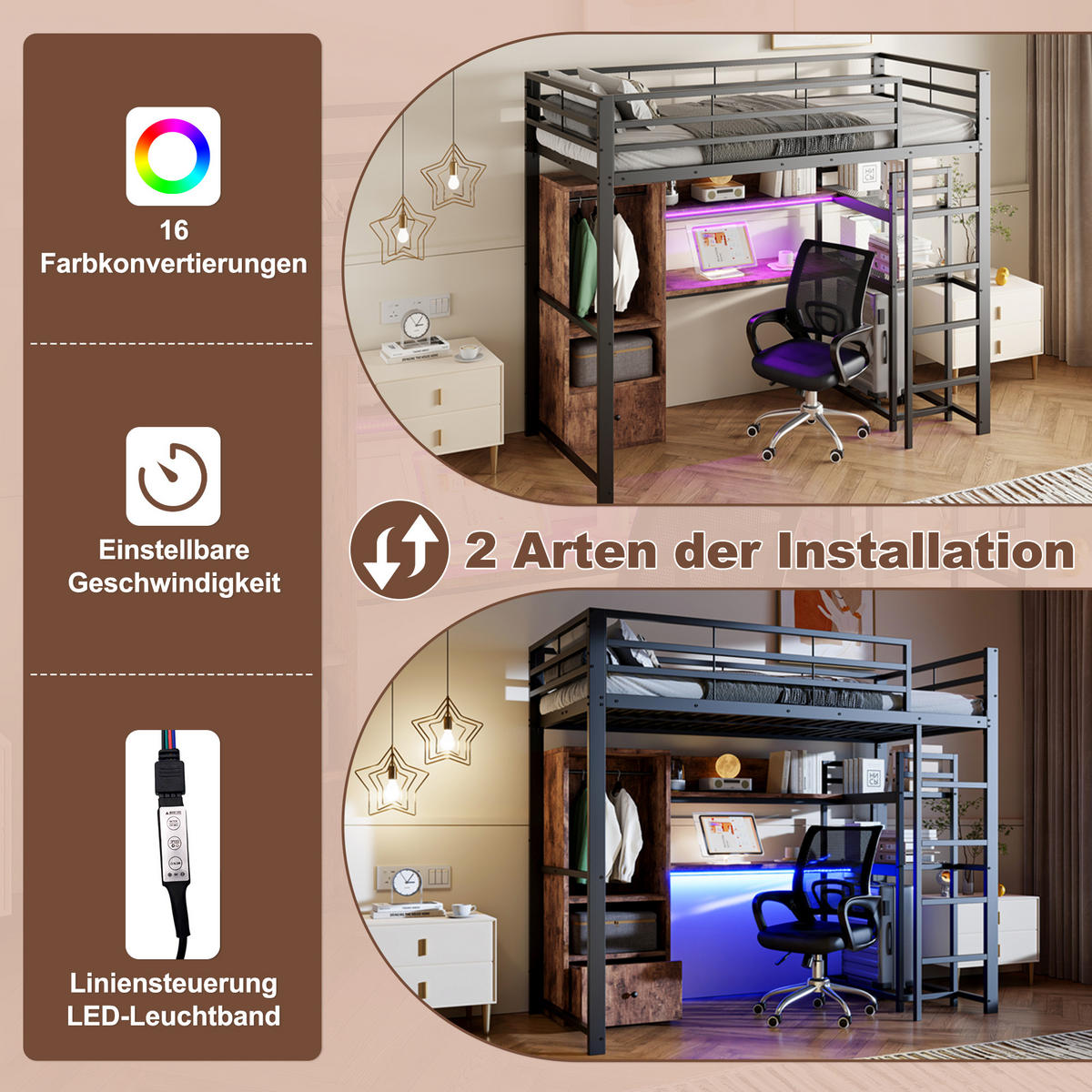 HOCHBETT 90/200 cm in Schwarz mit Schreibtisch, 1 Schublade, Regal und LED - Schwarz, Holzwerkstoff/Metall (90/200cm) - STILVORA