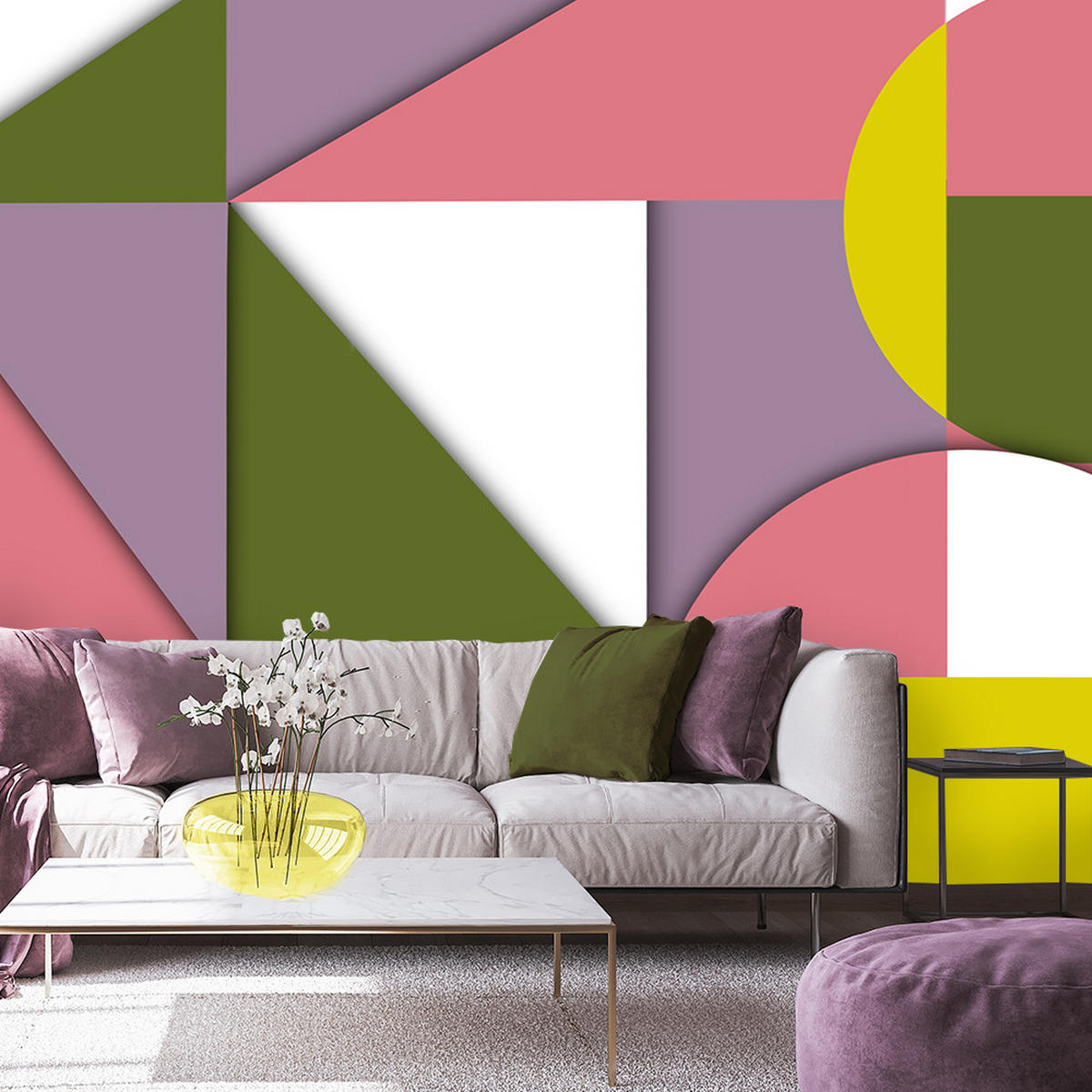 FOTOTAPETE, Geometrische Abstrakt Gelb Rosa Lila Grün 150x105 - Lila, Textil (150/1cm) - Feeby