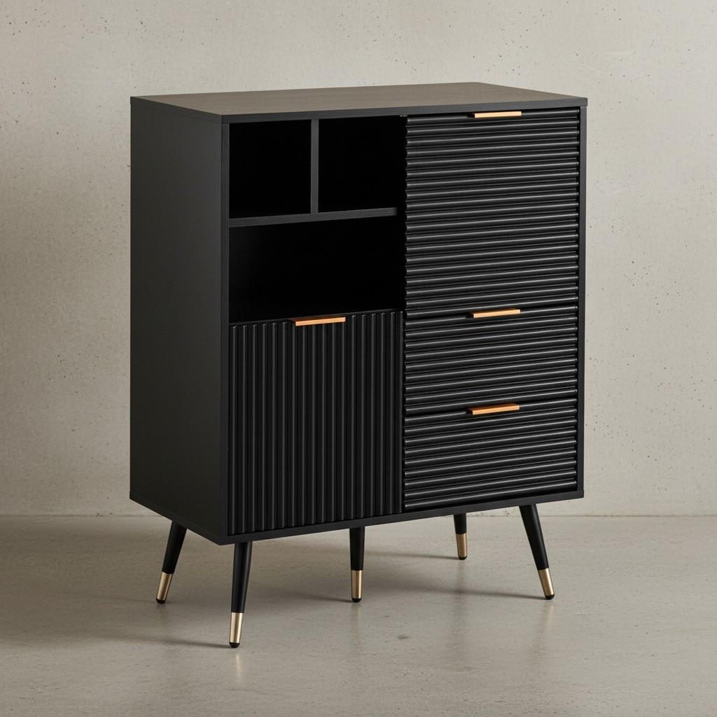 SIDEBOARD – Schwarz/Eiche-Dekor, 77x97x40 cm, mit Türen, Schubladen, Regal, Metallbeine - Goldfarben/Schwarz, Holzwerkstoff/Metall (77/97/40cm) - KADIMA DESIGN