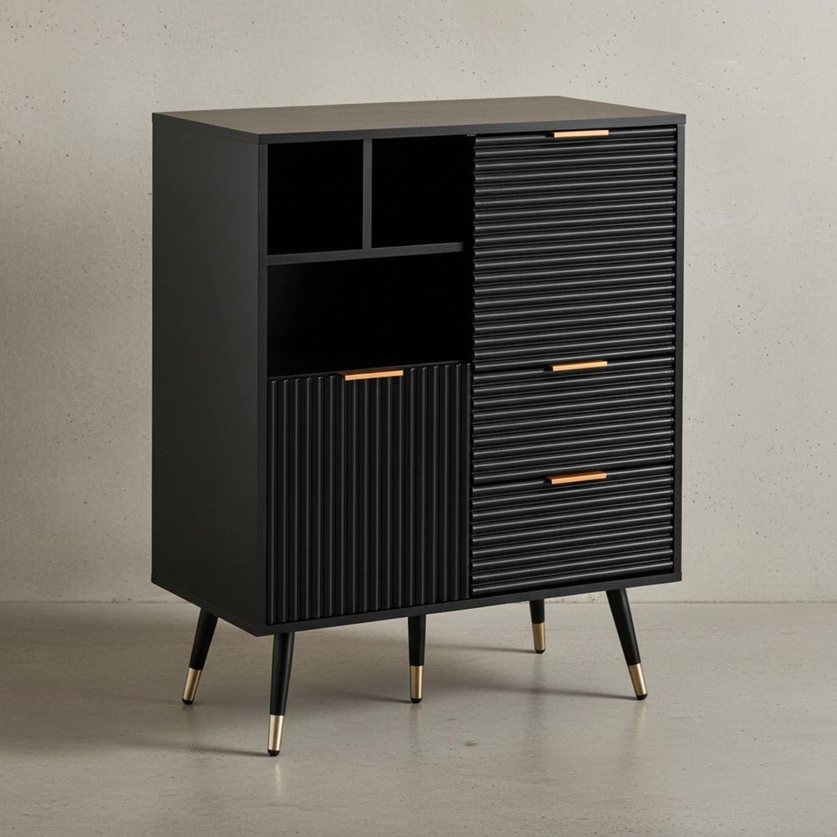 SIDEBOARD – Schwarz/Eiche-Dekor, 77x97x40 cm, mit Türen, Schubladen, Regal, Metallbeine - Goldfarben/Schwarz, Holzwerkstoff/Metall (77/97/40cm) - KADIMA DESIGN