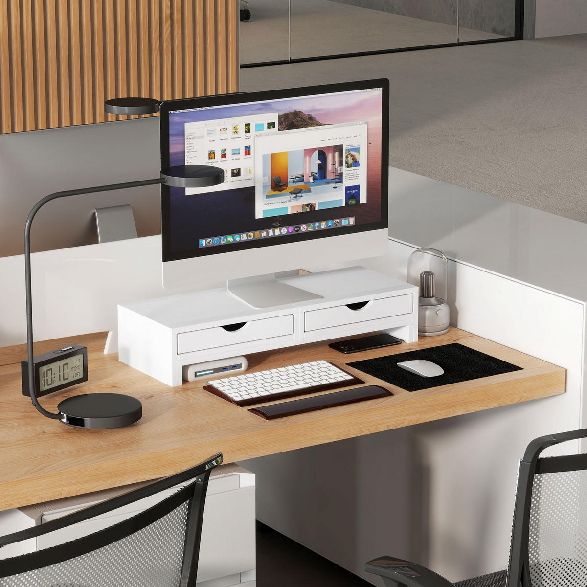 MONITORSTÄNDER DE-16700 ausziehbar 60-116 cm, 2 Schubladen, neigbar - Weiß, Holzwerkstoff (60/22/12cm) - ComfortXL