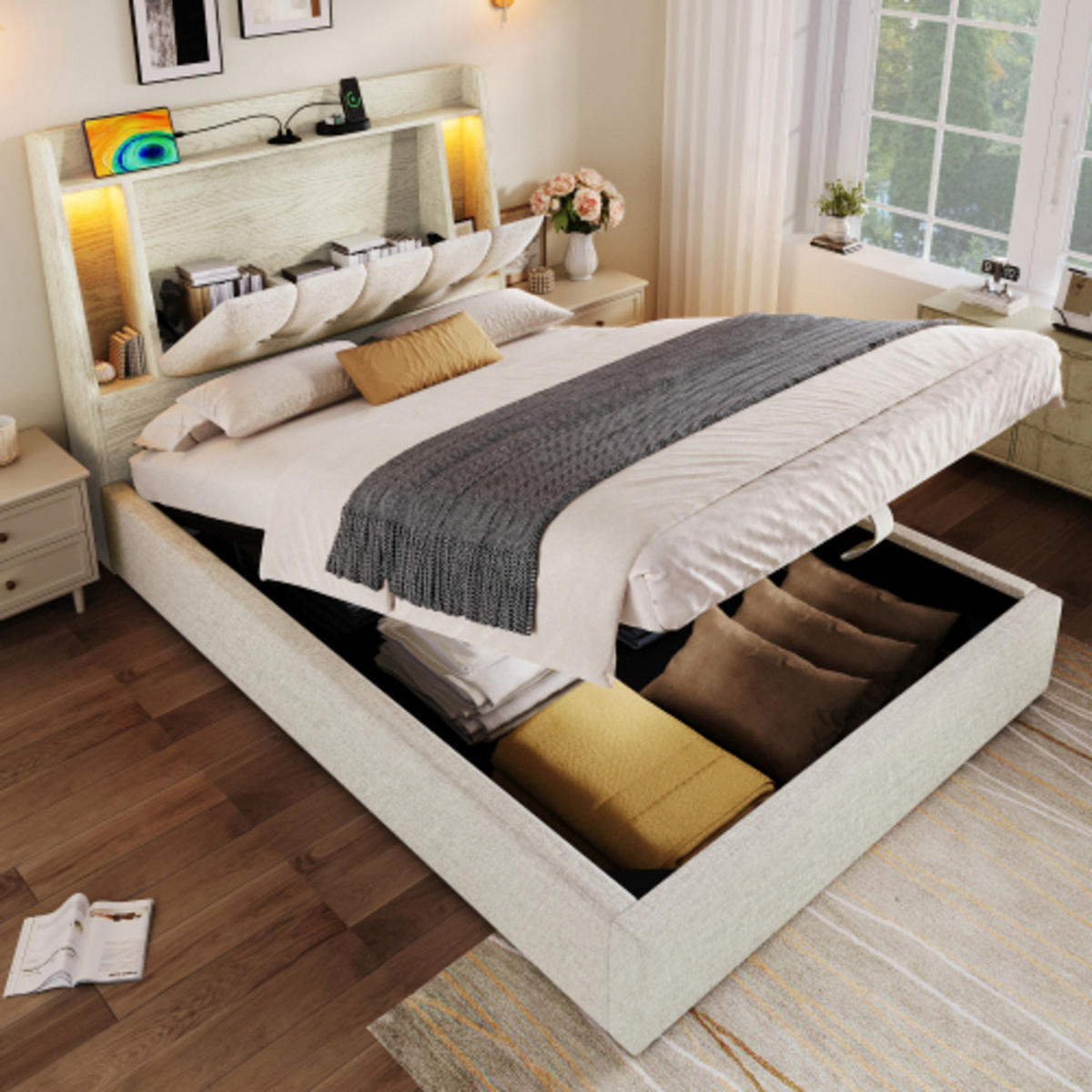 POLSTERBETT 90 × 200 cm mit Leinenbezug, Klapp-Staufach, beidseitiger LED-Leiste und USB/Typ-C Ladeanschluss, beige - Beige, Textil (90/200cm) - Luhomfu