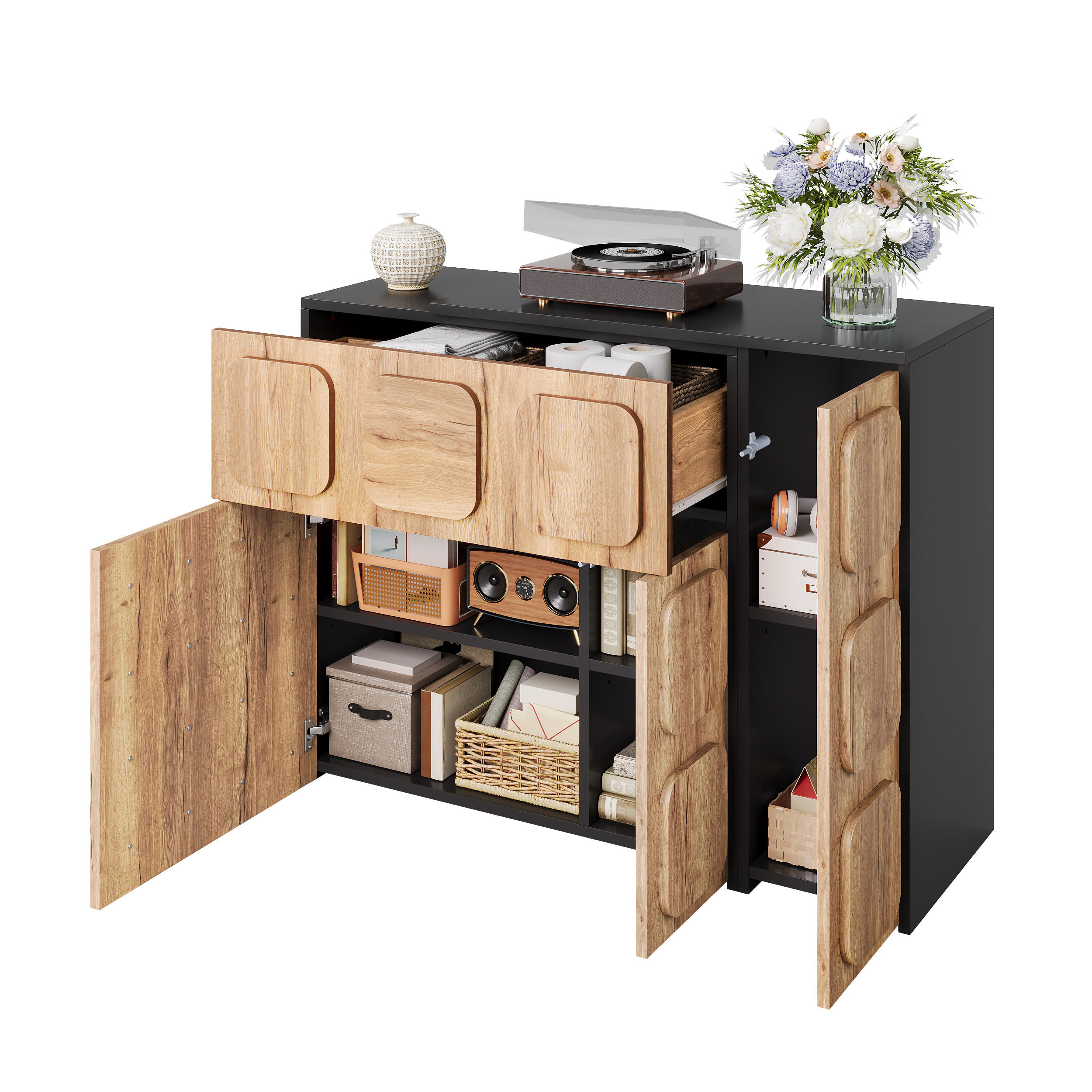 SIDEBOARD mit 3D-Front, flexible/L-Form, 3 Türen 1 Schublade, Holzoptik, Schwarz - Schwarz, Holzwerkstoff (107.5/83.5/35cm) - LVHOM
