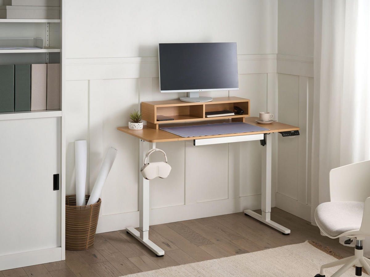 SCHREIBTISCH elektrisch höhenverstellbar 120/60 cm mit USB-Anschluss Hellbraun/Weiß Lucama - Hellbraun/Braun, Holzwerkstoff/Metall (60/120/88cm) - Beliani