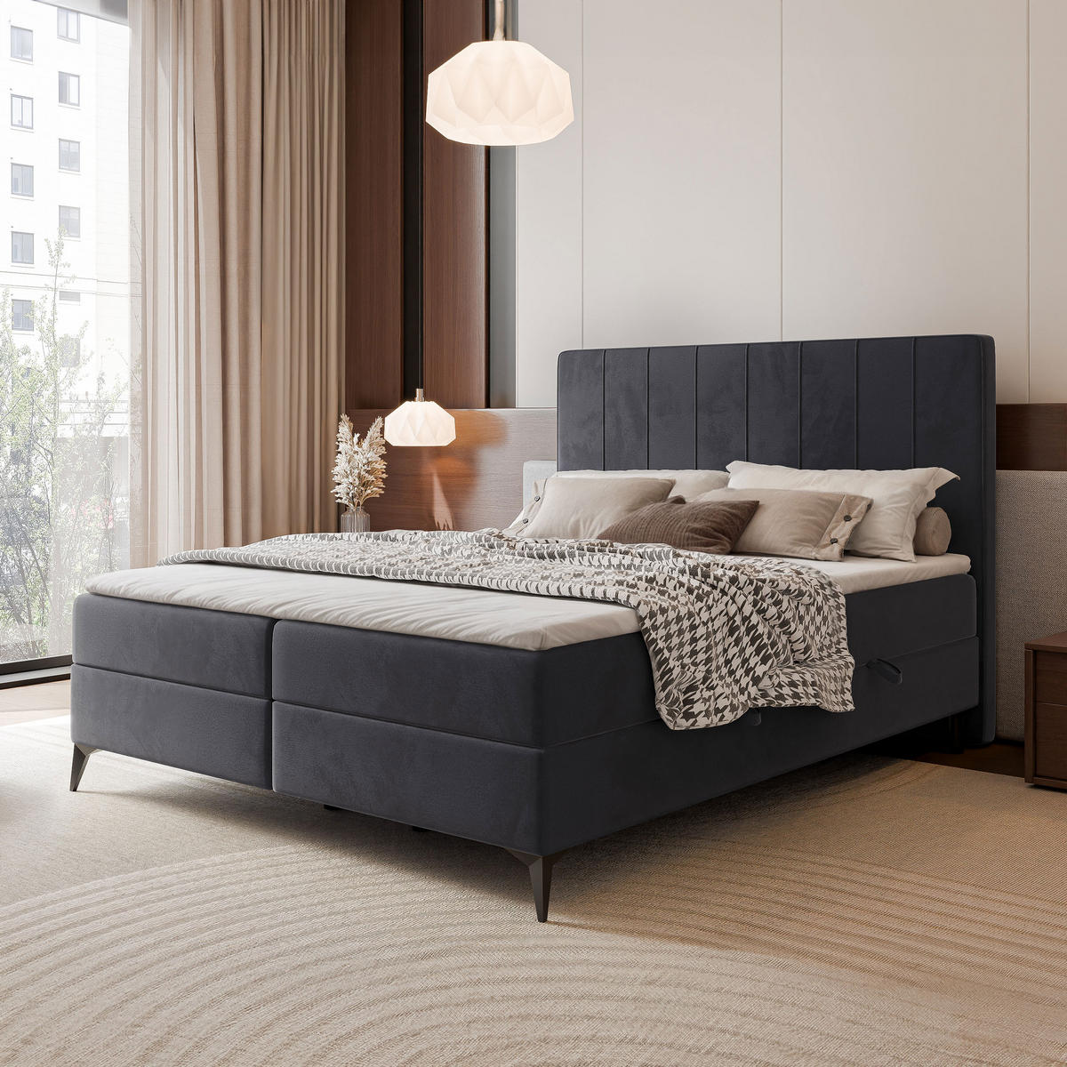 BOXBETT VERA 120x200 cm mit Matratze und Topper, Weicher wasserabweisender Samt Dunkelgrau - Dunkelgrau, Textil (120/200cm) - Idohome