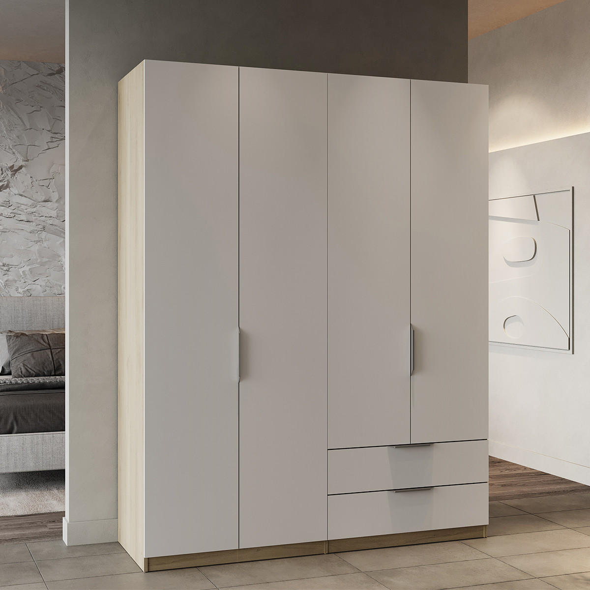 KLEIDERSCHRANK mit 4 Türen und 2 Schubladen Ghost - L157,3 cm - Weiß/Sonoma Eiche, Holz (157/203/51cm) - Demeyere