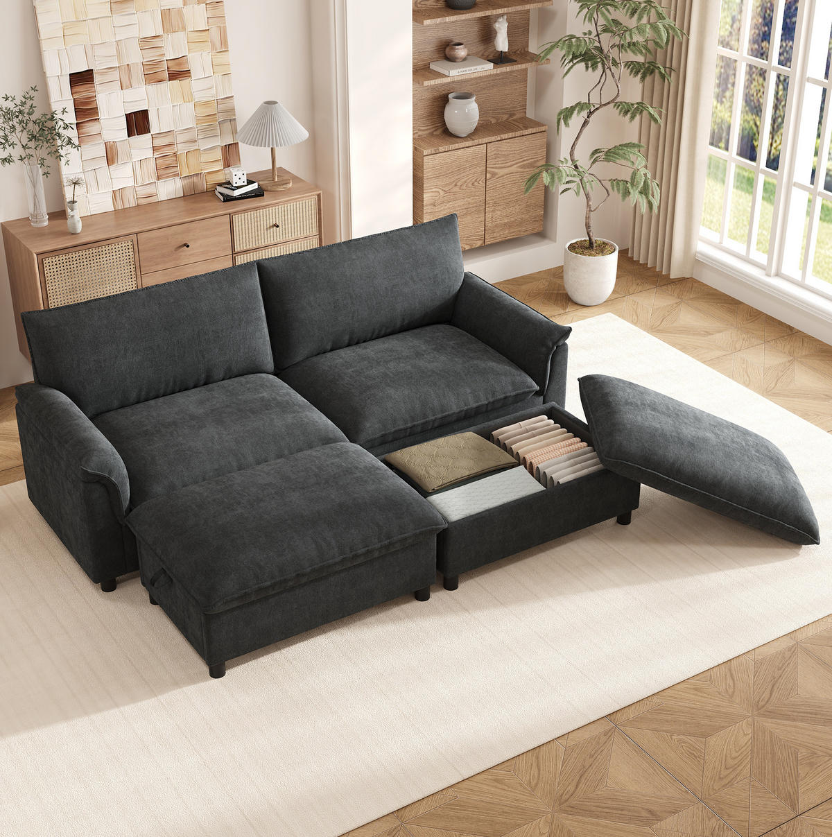 SOFA mit Fußhocker und Stauraum 216 x 77 x 82 cm Chenille Schwarz - Schwarz, Holzwerkstoff (77/82/216.1cm) - Meubliv