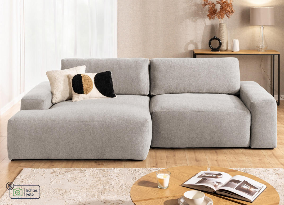 ECKSOFA Lennon aus Beige Strukturstoff mit Schlaffunktion und Bettkasten - Beige/Schwarz, Holz/Kunststoff (137/264cm) - S-Style