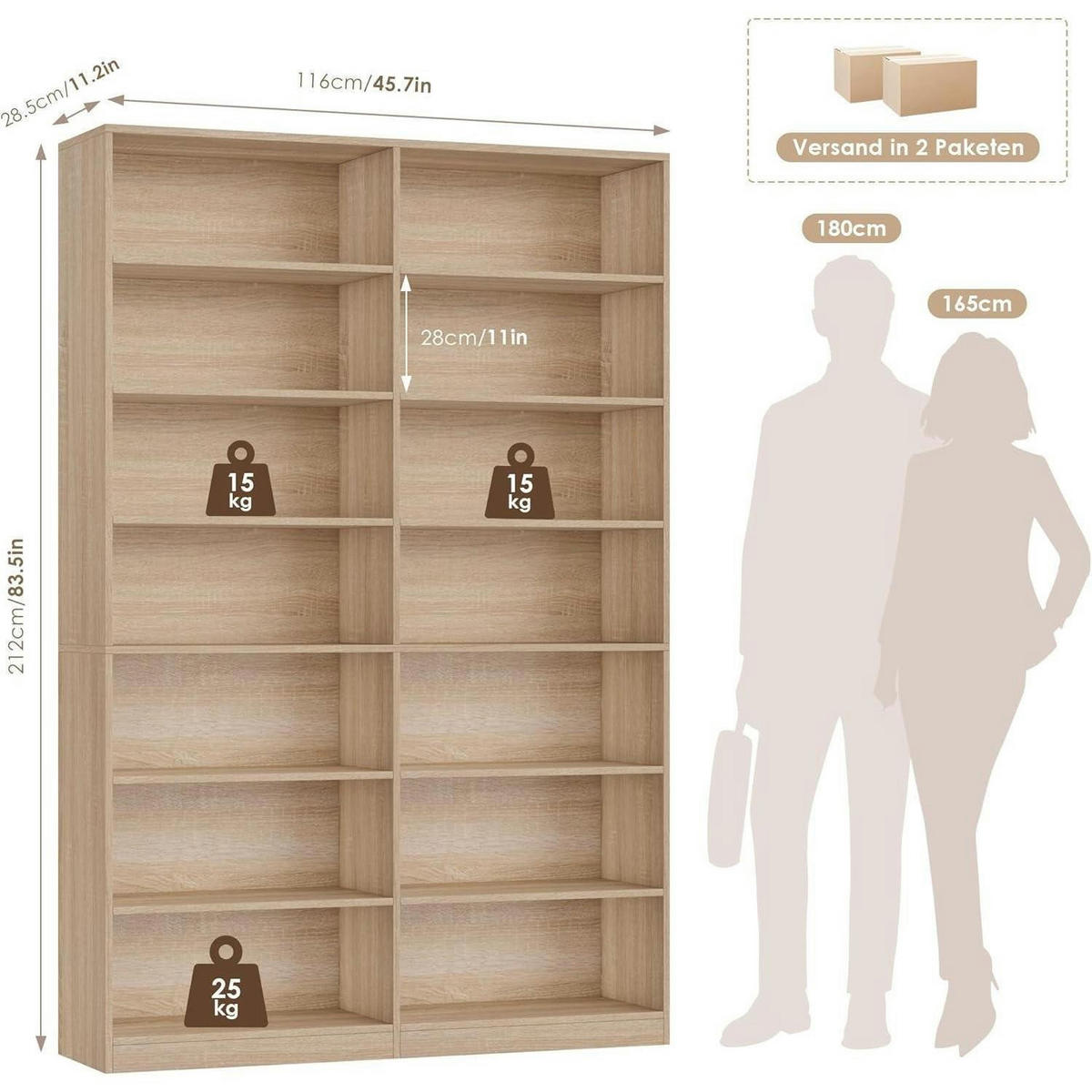 BÜCHERREGAL 212 cm Eiche 14 Fächer - Braun, Holzwerkstoff (116/212/28.5cm)