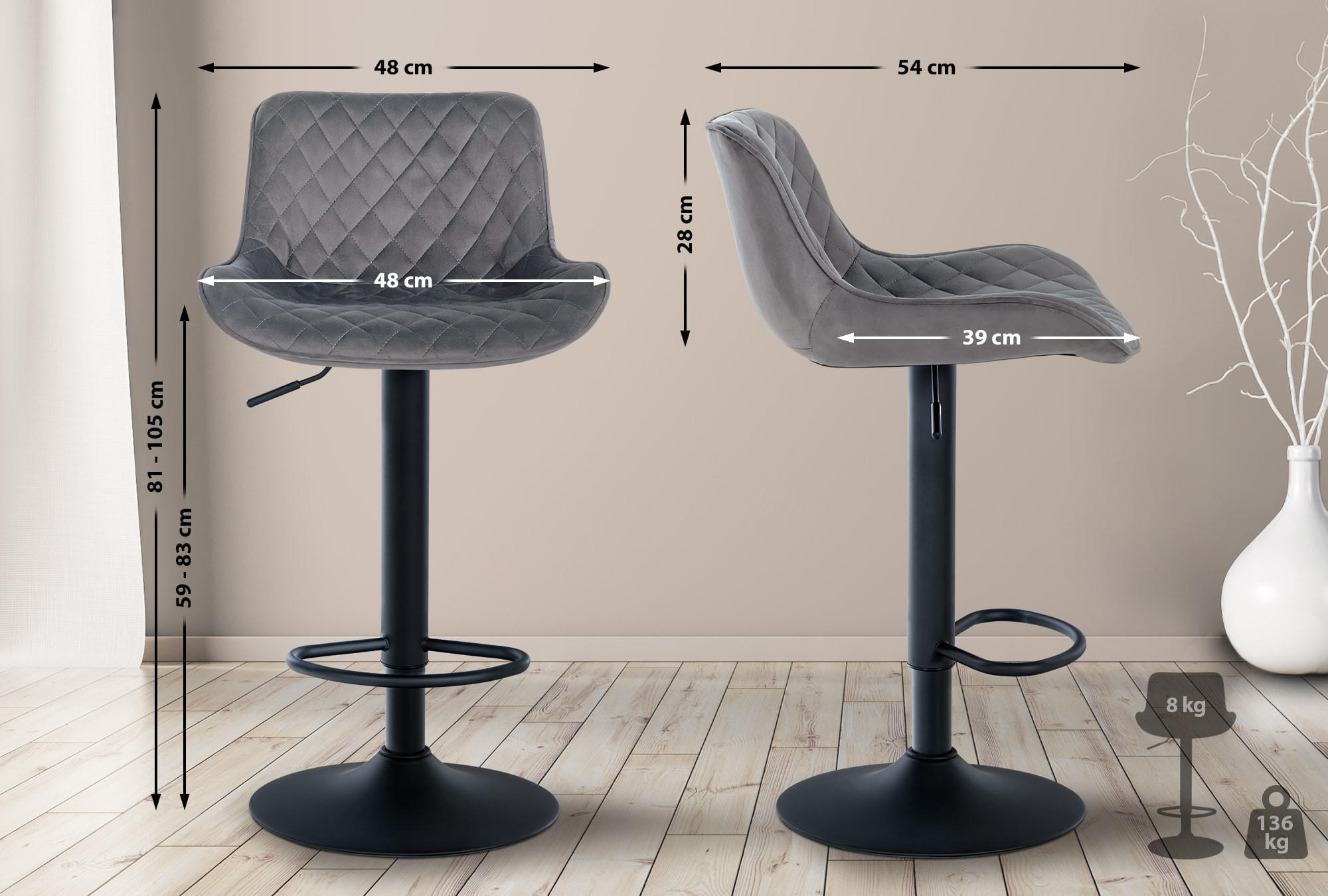 BARHOCKER Samt dunkelgrau - Dunkelgrau/Schwarz, Textil/Metall (48/81/54cm) - CLP