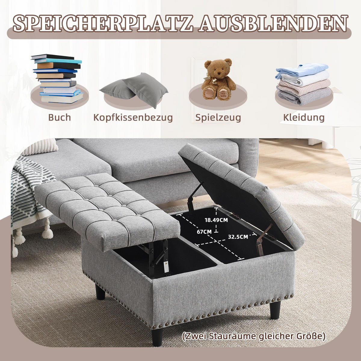 HOCKER Couchtisch,Aufbewahrungsstuhl,höhenverstellbar,Leinen,Grau - Grau, Metall (75/41/75cm) - LVHOM