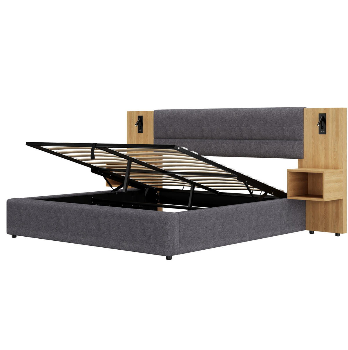 POLSTERBETT aus Samt 180x200 cm Natur/Grau mit hydraulischem Bettkasten, USB und 2 Nachttischen - Grau, Textil (180/200cm) - IVMEU