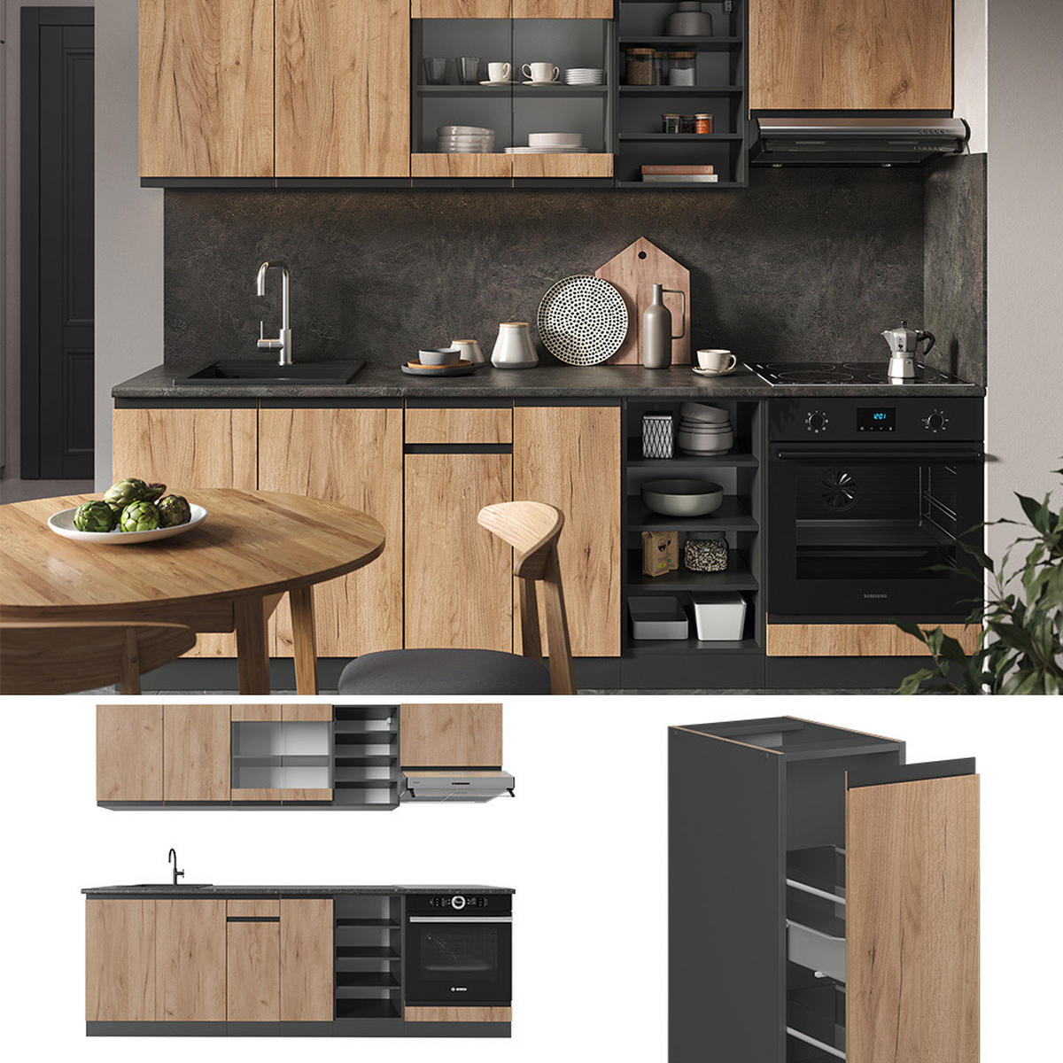 KÜCHENZEILE R-Line Goldkraft Eiche/Anthrazit 240 cm J-Shape - Anthrazit/Eiche Wotan, Holzwerkstoff (240/81.6/46cm) - Vicco